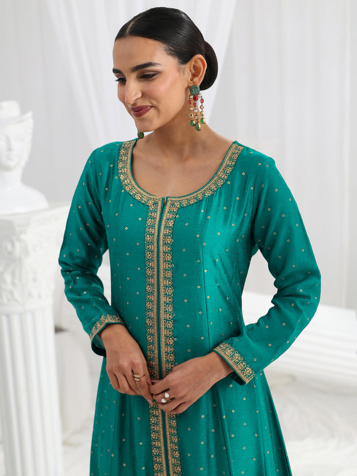 Green Embroidered Silk Blend A-Line Suit Set With Dupatta