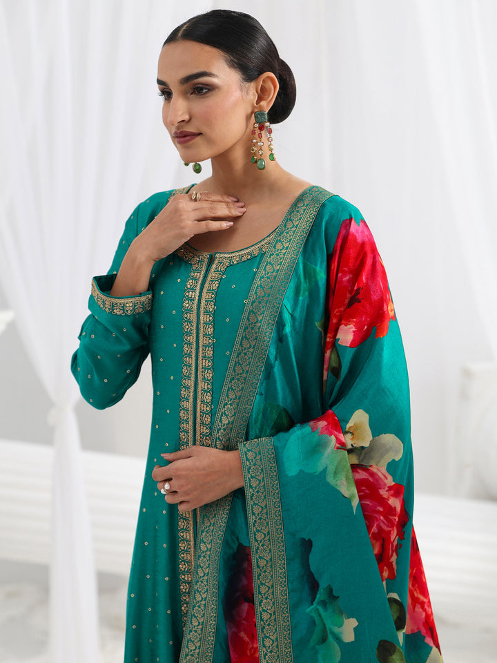 Green Embroidered Silk Blend A-Line Suit Set With Dupatta