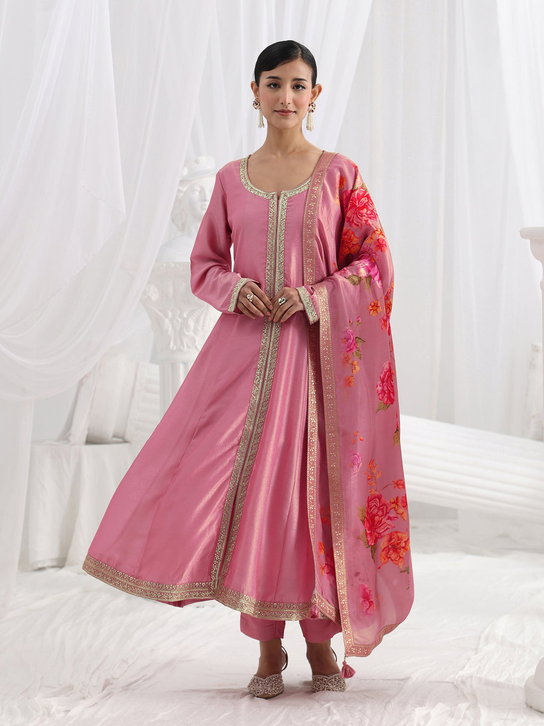 Pink Embroidered Silk Blend A-Line Suit Set With Dupatta