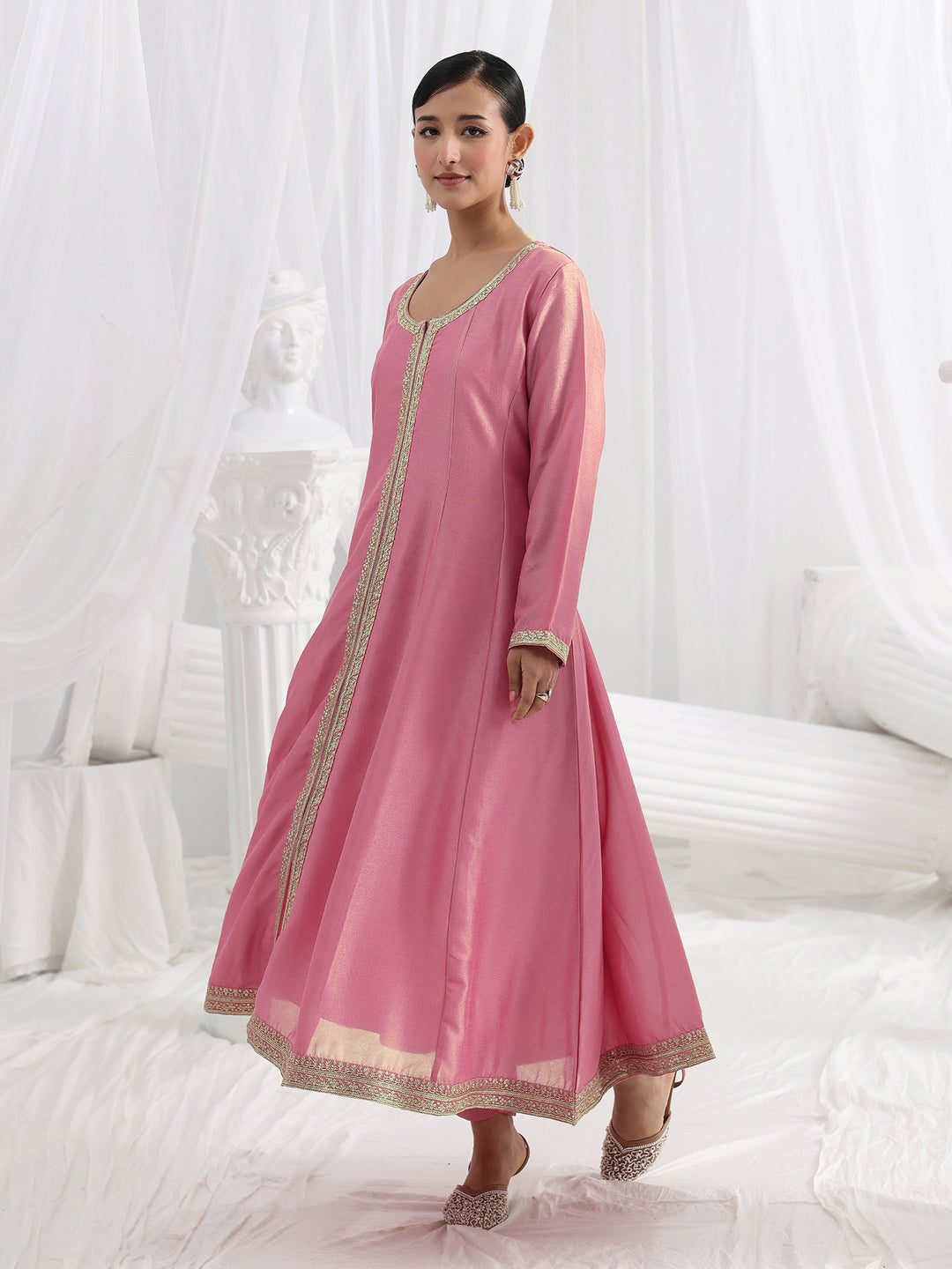 Pink Embroidered Silk Blend A-Line Suit Set With Dupatta