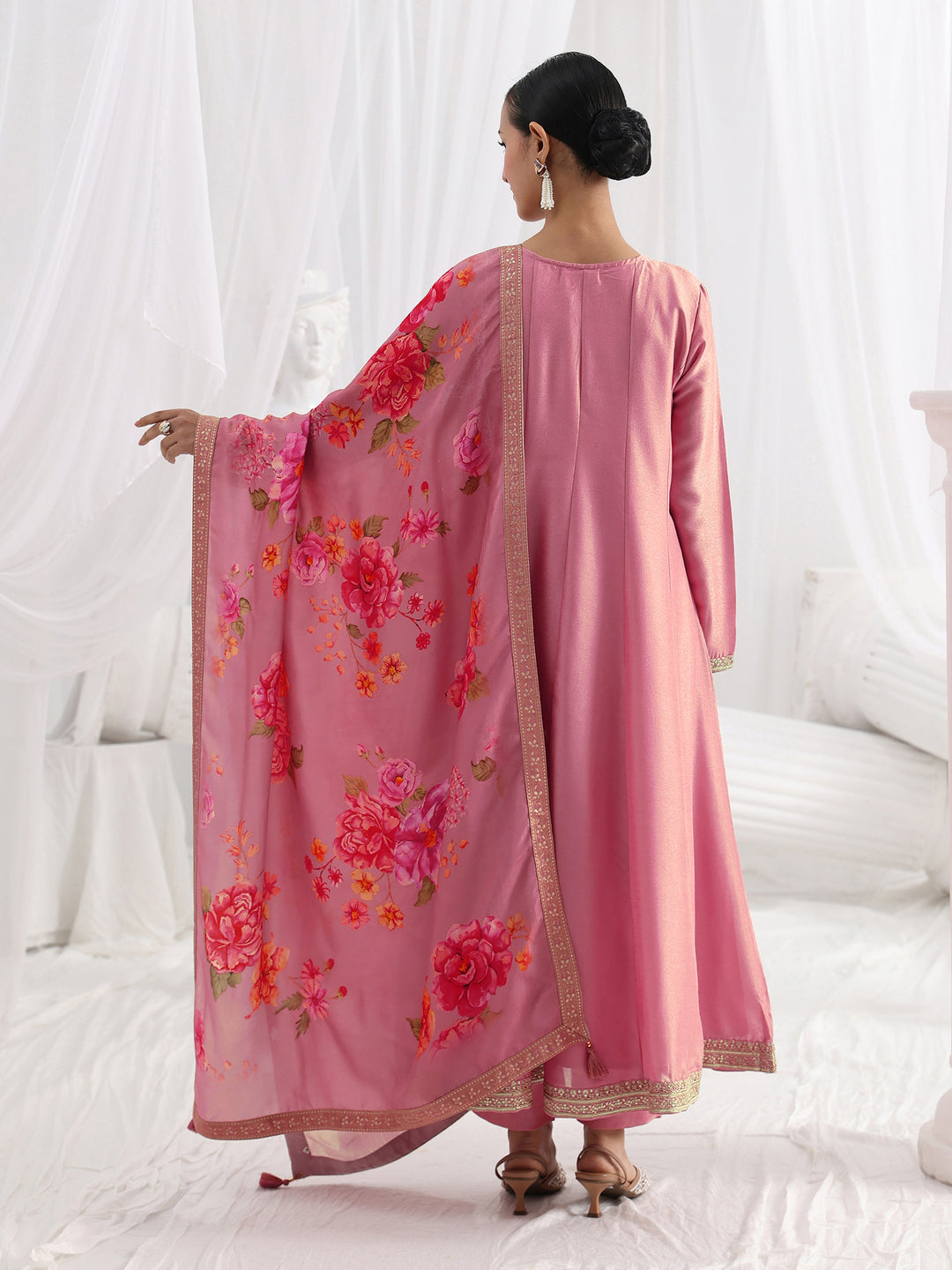 Pink Embroidered Silk Blend A-Line Suit Set With Dupatta