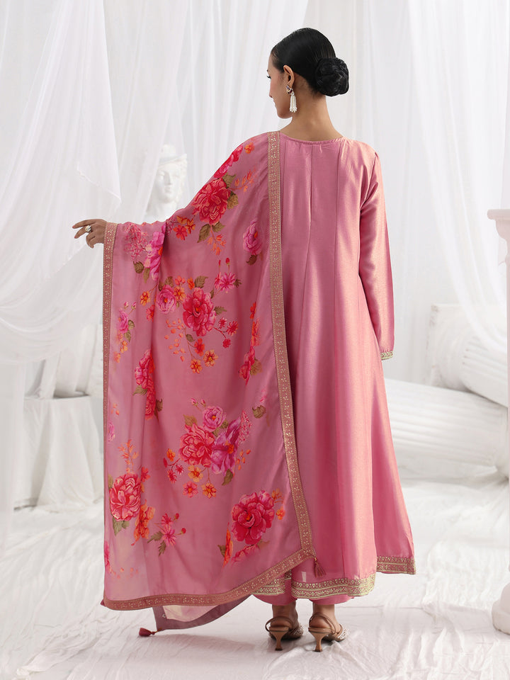 Pink Embroidered Silk Blend A-Line Suit Set With Dupatta