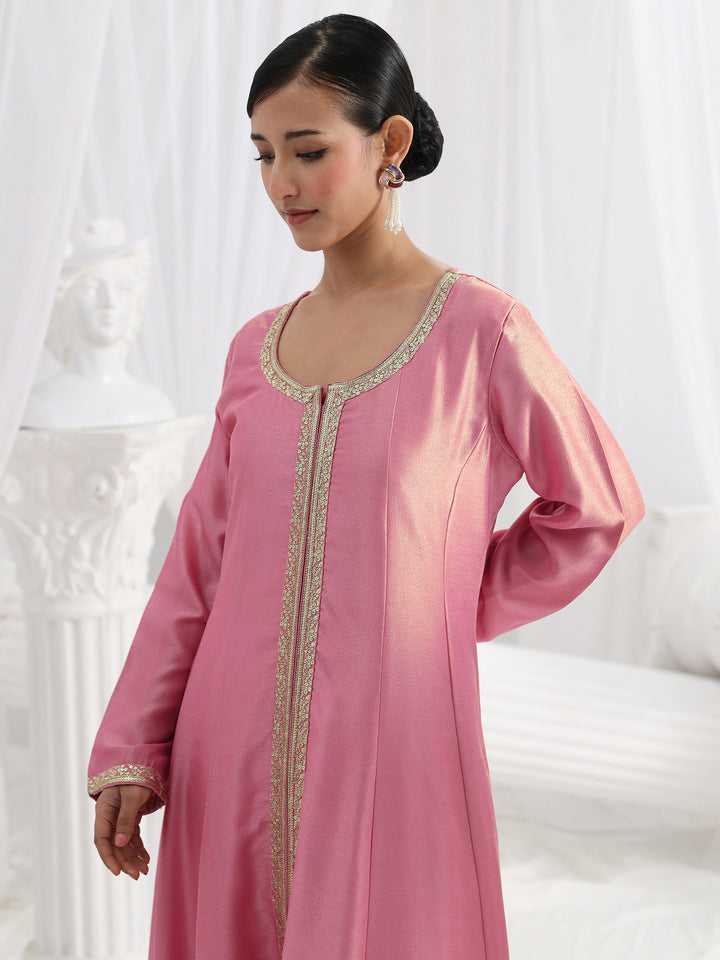 Pink Embroidered Silk Blend A-Line Suit Set With Dupatta
