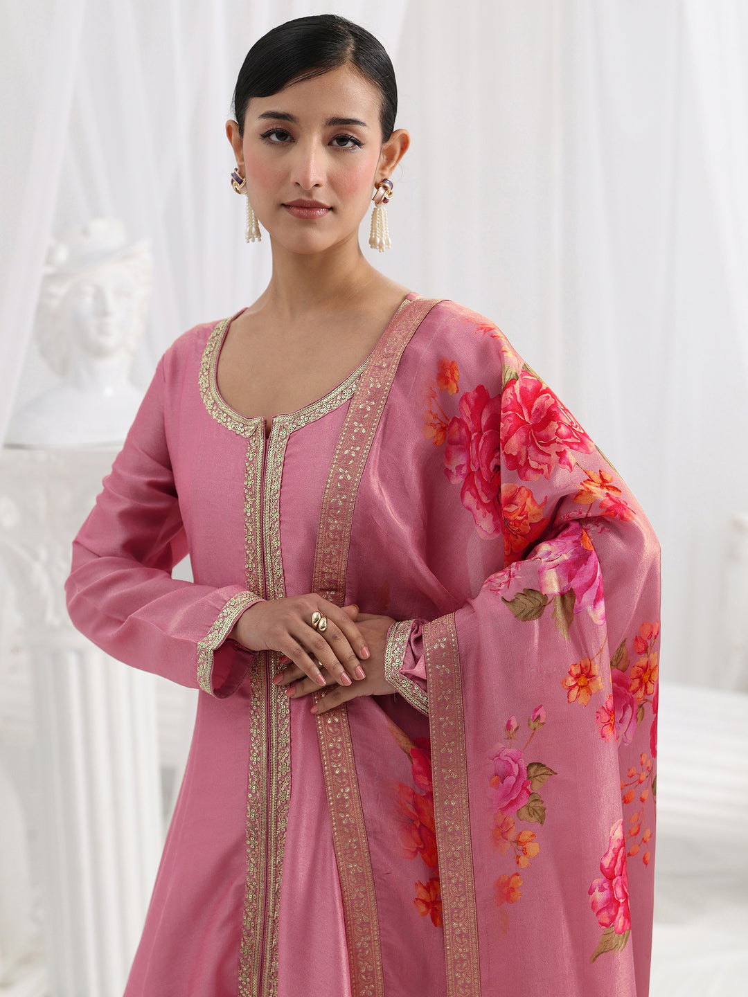 Pink Embroidered Silk Blend A-Line Suit Set With Dupatta