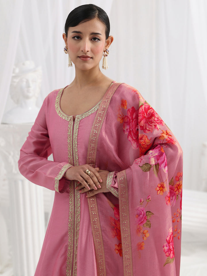 Pink Embroidered Silk Blend A-Line Suit Set With Dupatta