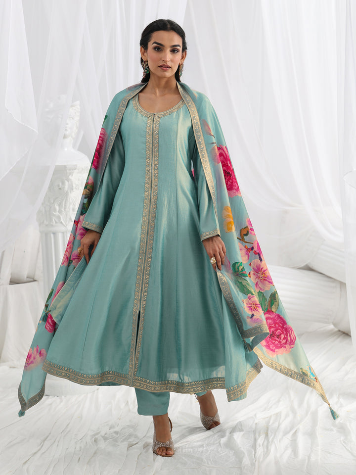 Blue Embroidered Silk Blend A-Line Suit Set With Dupatta
