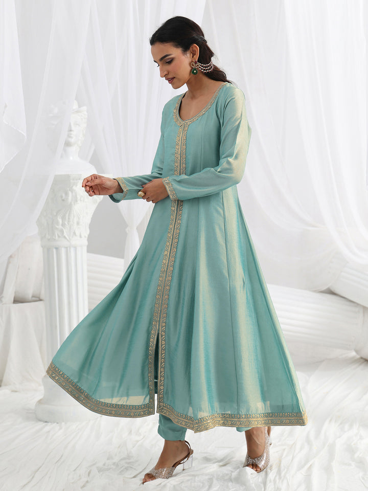 Blue Embroidered Silk Blend A-Line Suit Set With Dupatta