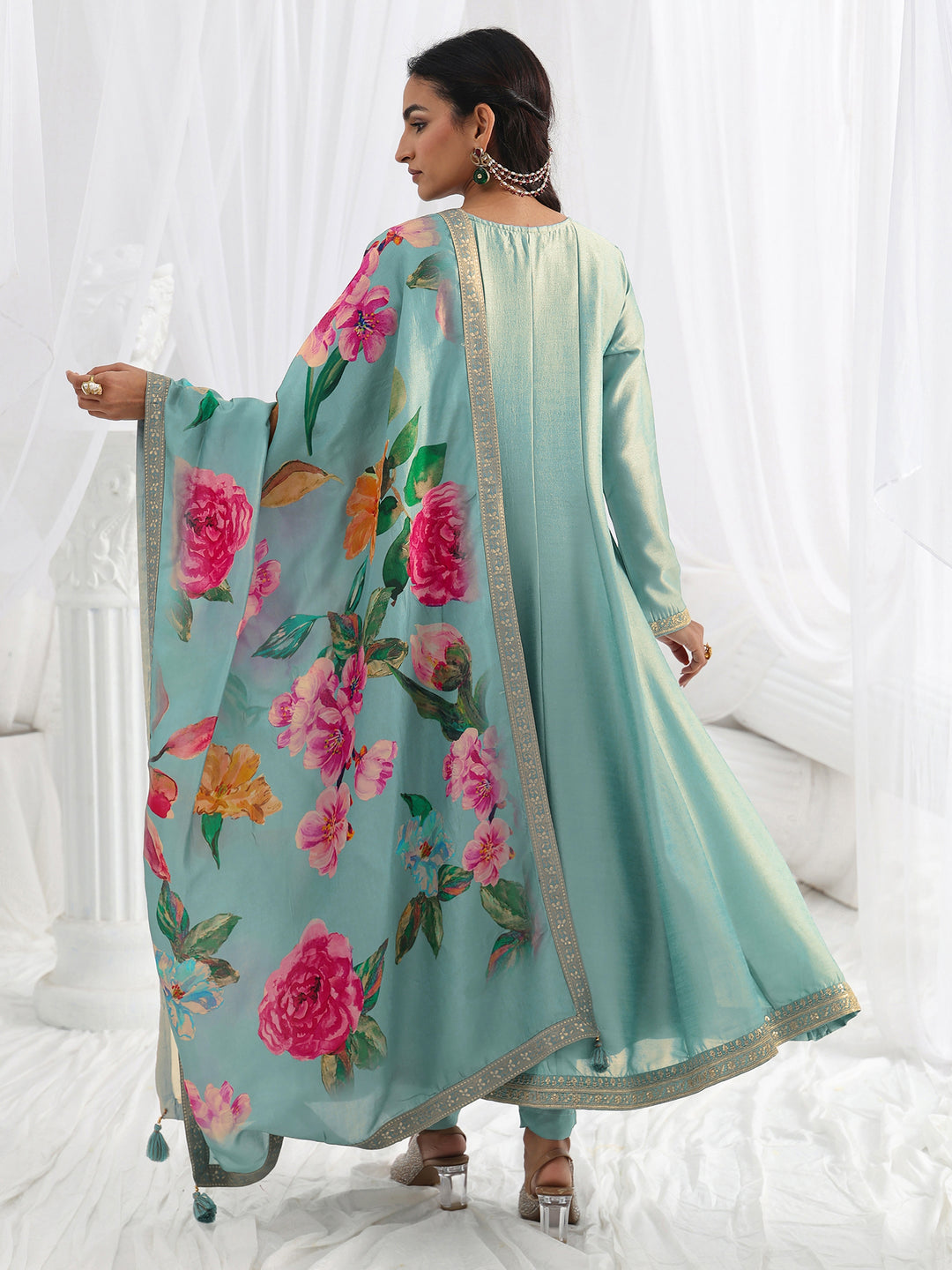 Blue Embroidered Silk Blend A-Line Suit Set With Dupatta