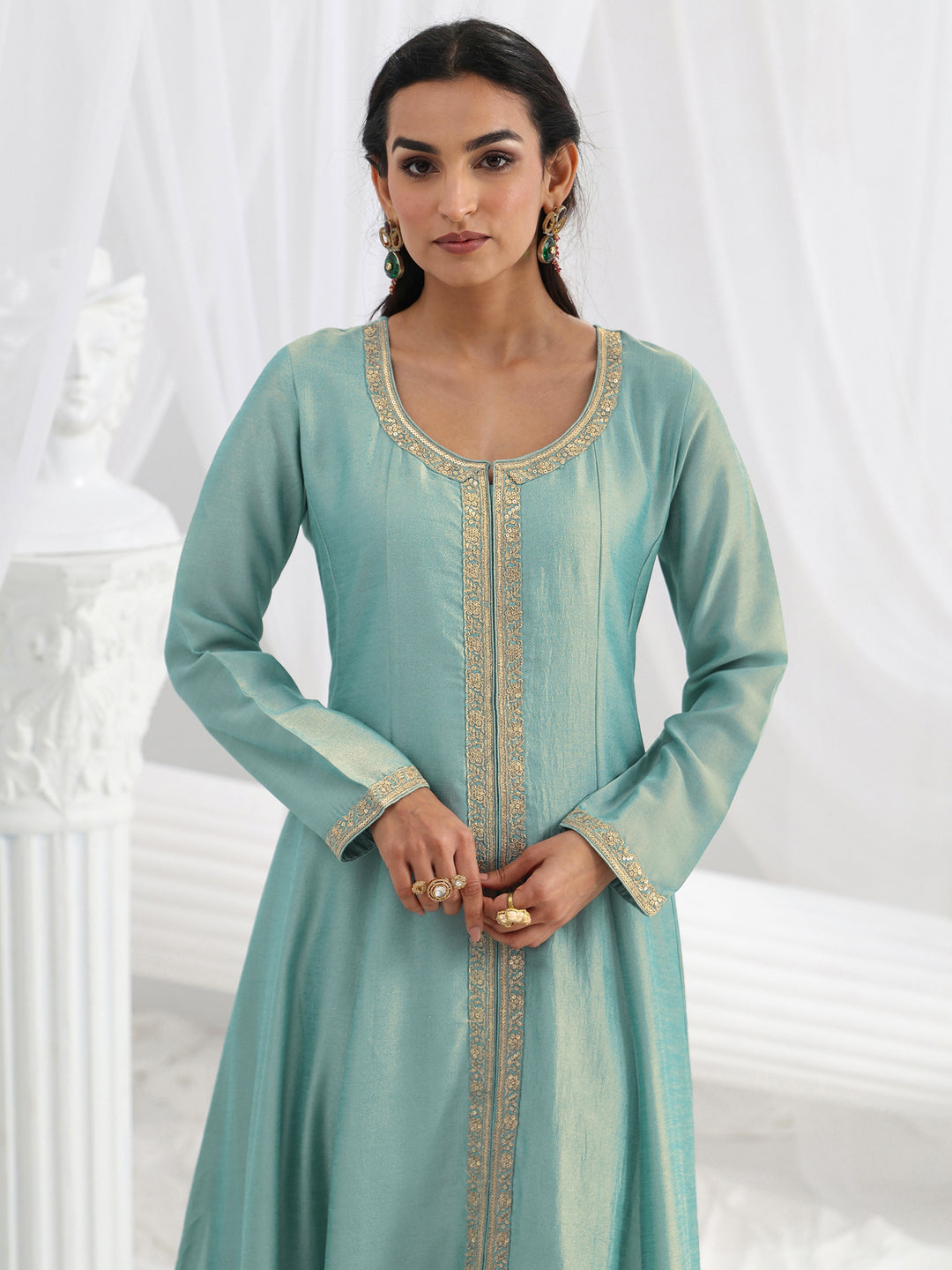 Blue Embroidered Silk Blend A-Line Suit Set With Dupatta
