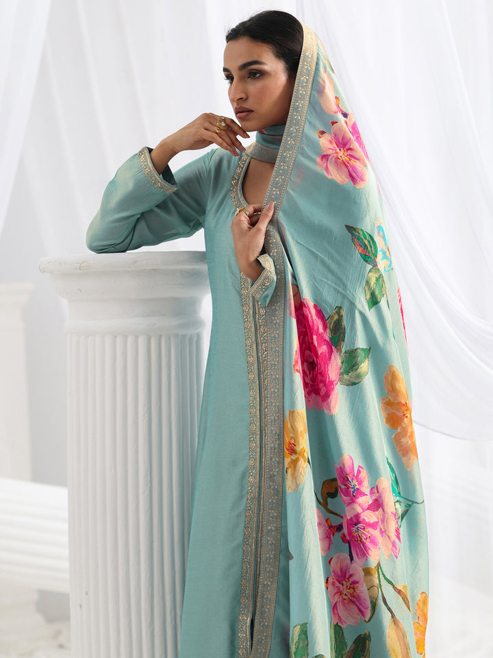 Blue Embroidered Silk Blend A-Line Suit Set With Dupatta