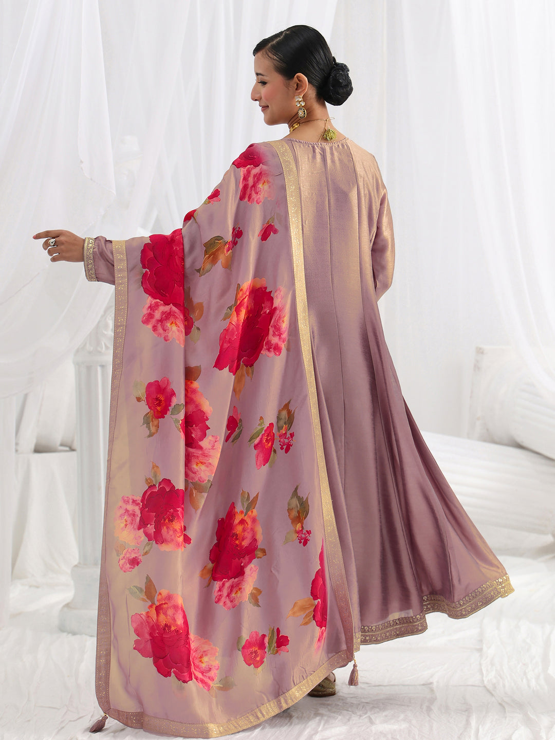 Lavender Embroidered Silk Blend A-Line Suit Set With Dupatta
