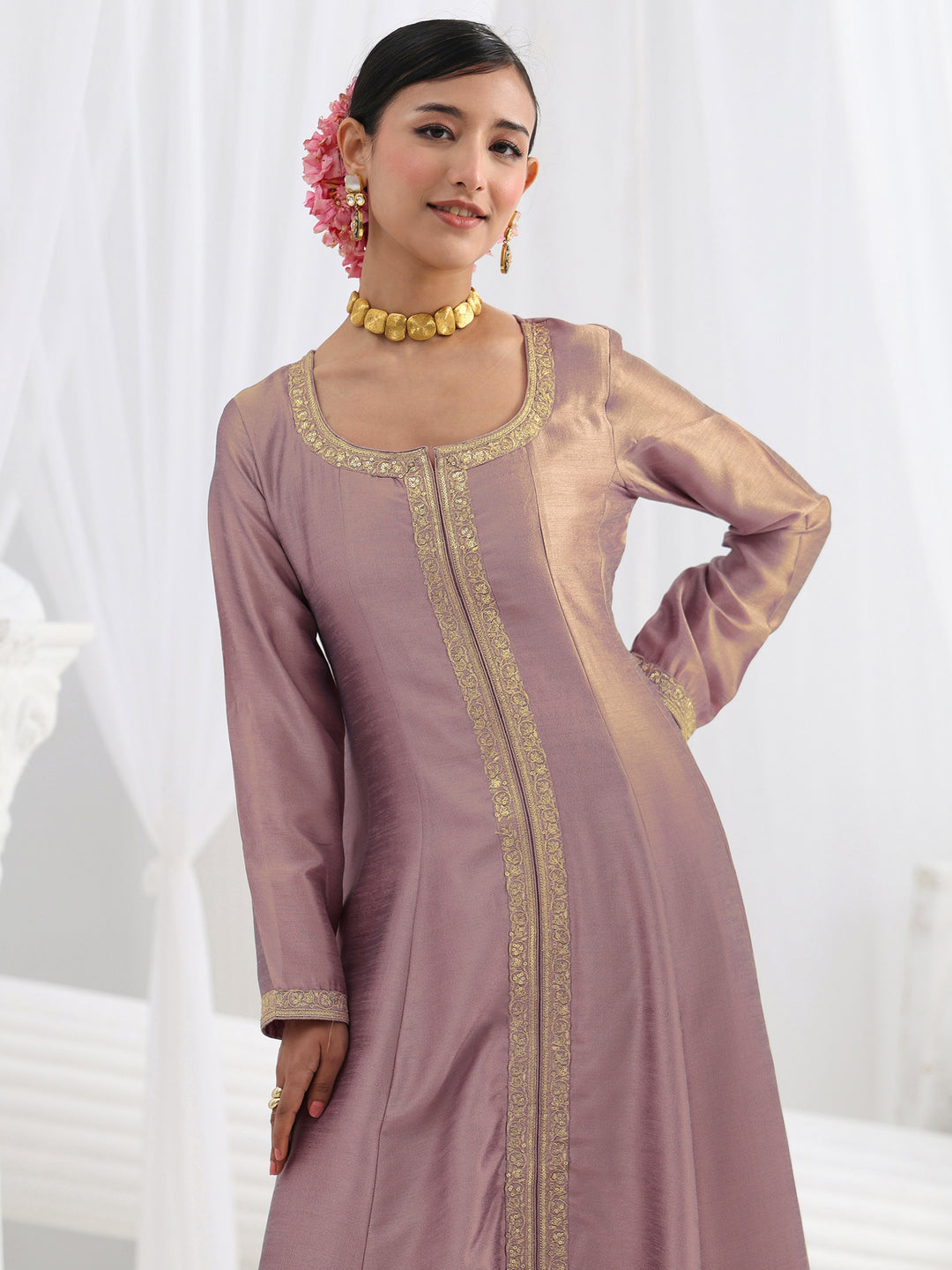 Lavender Embroidered Silk Blend A-Line Suit Set With Dupatta
