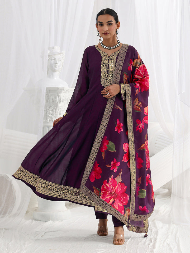 Purple Embroidered Silk Blend A-Line Suit Set With Dupatta