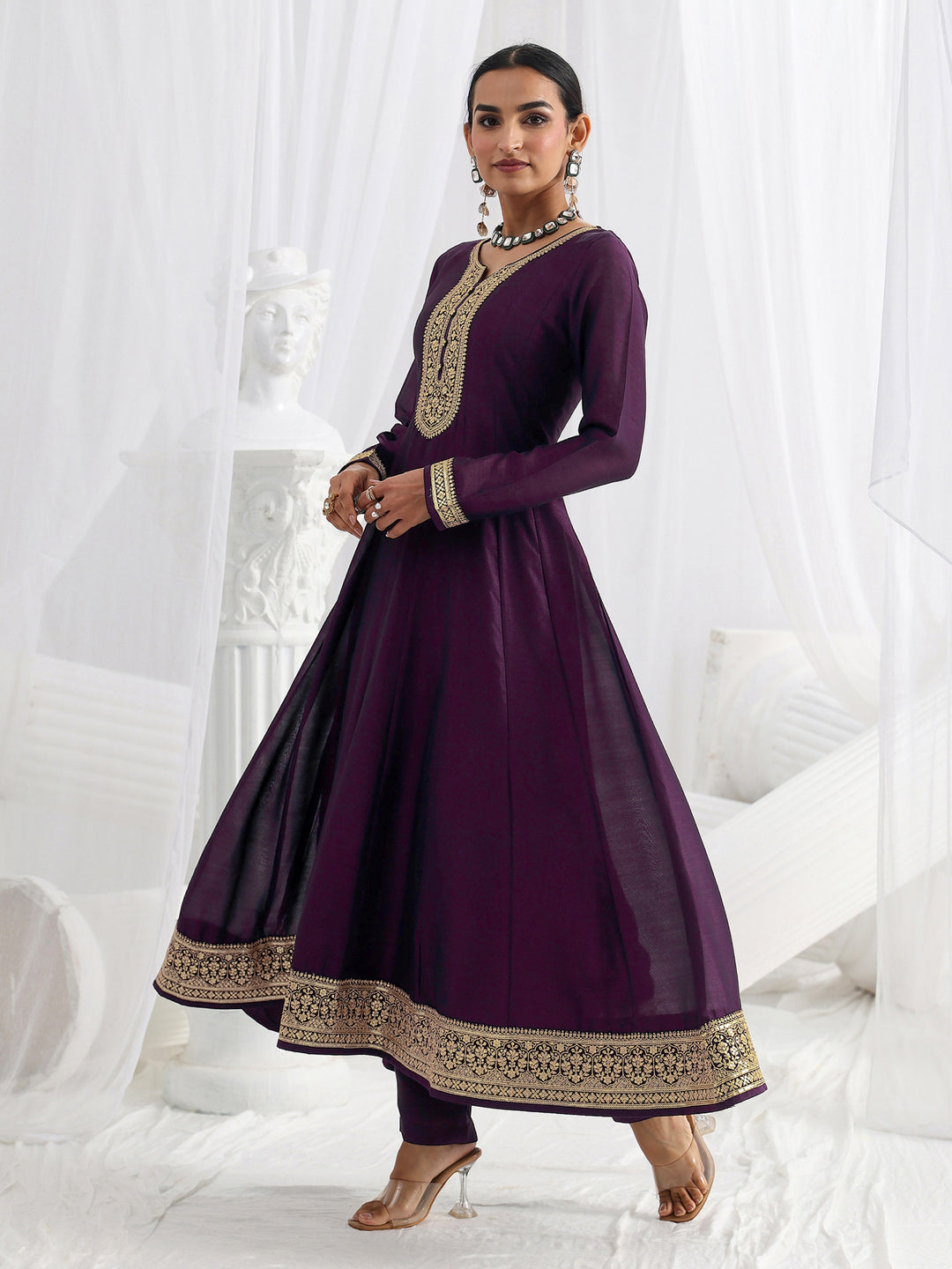 Purple Embroidered Silk Blend A-Line Suit Set With Dupatta
