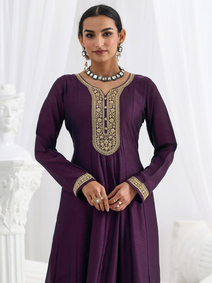 Purple Embroidered Silk Blend A-Line Suit Set With Dupatta