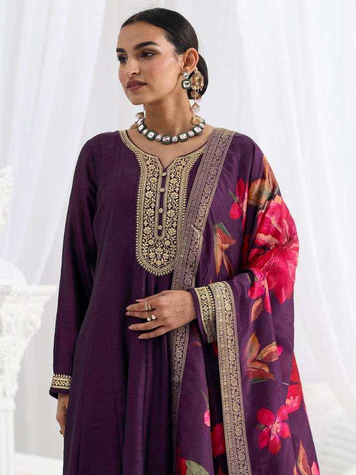 Purple Embroidered Silk Blend A-Line Suit Set With Dupatta