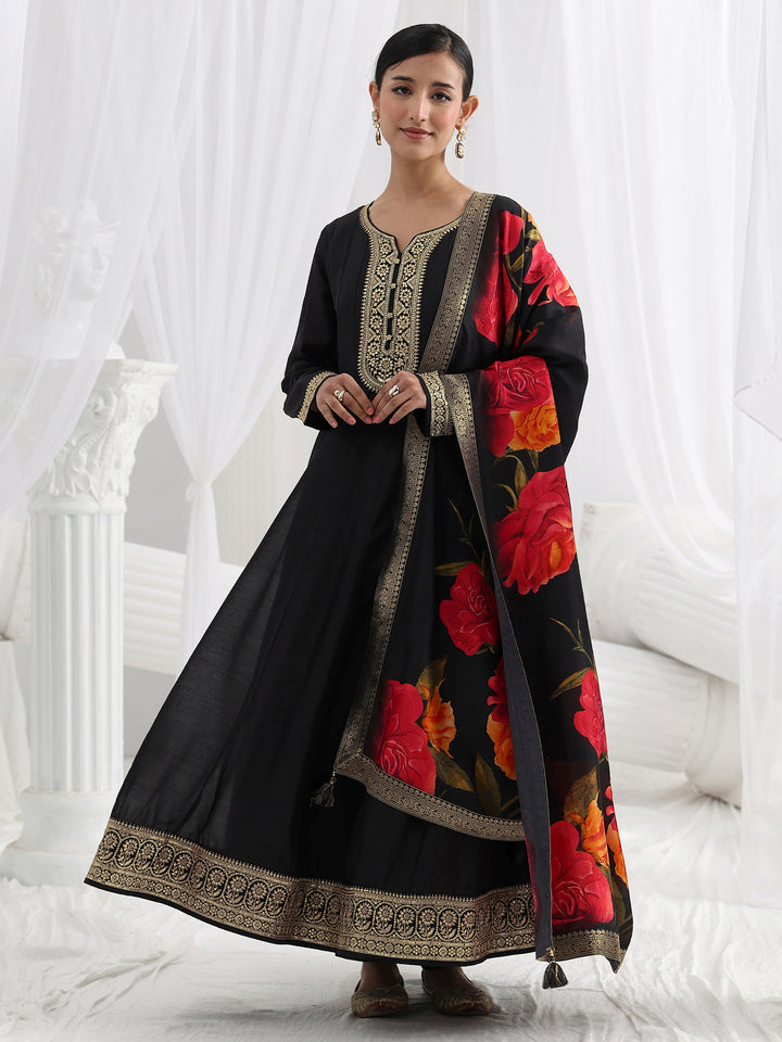 Black Embroidered Silk Blend A-Line Suit Set With Dupatta