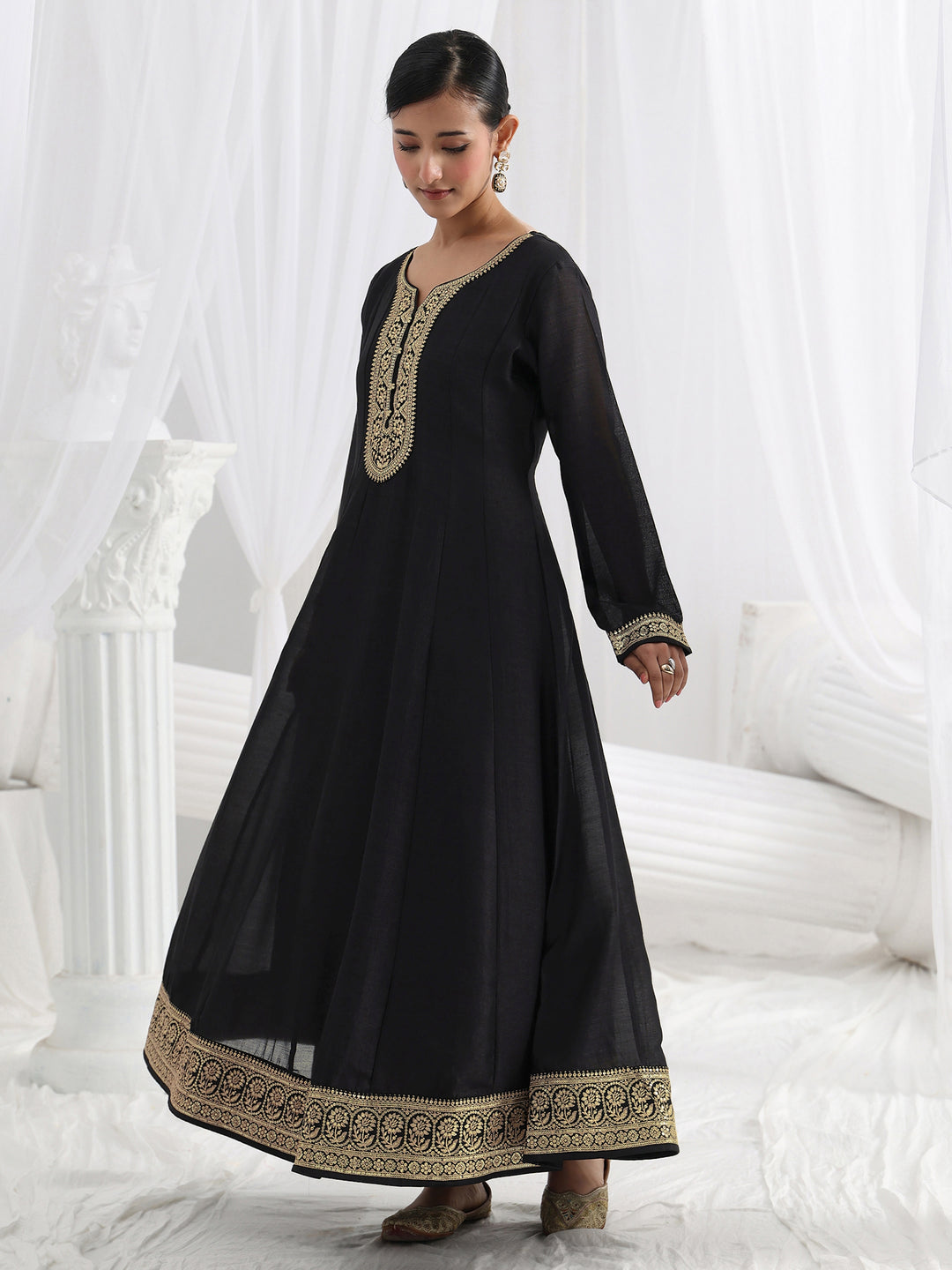 Black Embroidered Silk Blend A-Line Suit Set With Dupatta