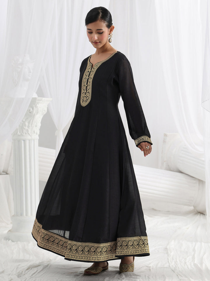 Black Embroidered Silk Blend A-Line Suit Set With Dupatta