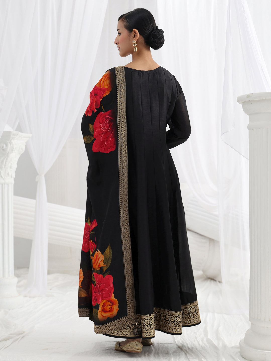 Black Embroidered Silk Blend A-Line Suit Set With Dupatta