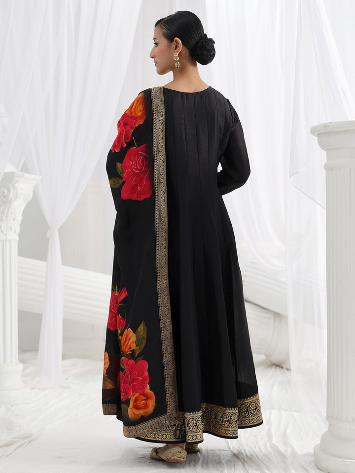 Black Embroidered Silk Blend A-Line Suit Set With Dupatta