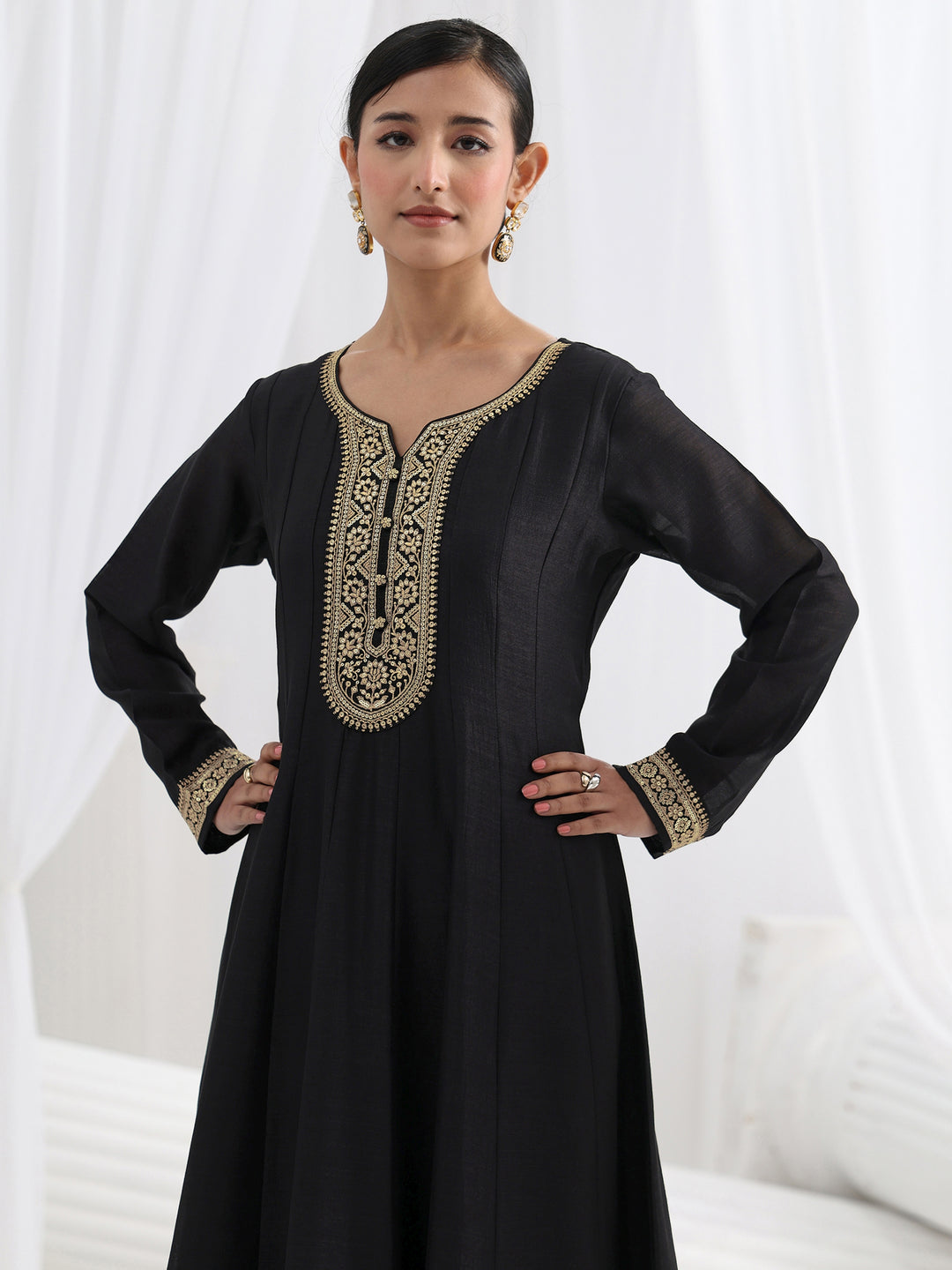 Black Embroidered Silk Blend A-Line Suit Set With Dupatta