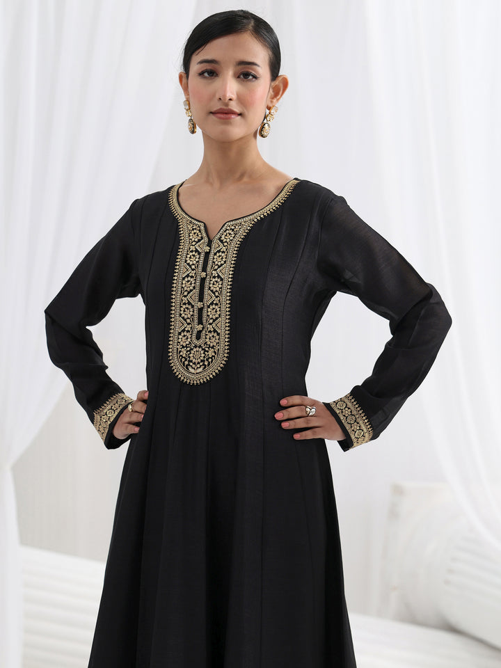 Black Embroidered Silk Blend A-Line Suit Set With Dupatta