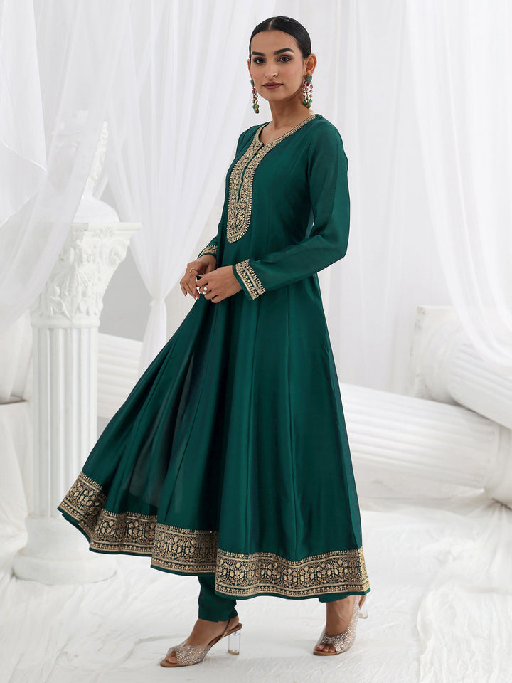 Teal Embroidered Silk Blend A-Line Suit Set With Dupatta