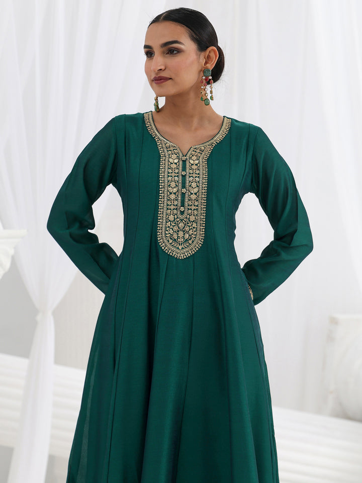Teal Embroidered Silk Blend A-Line Suit Set With Dupatta