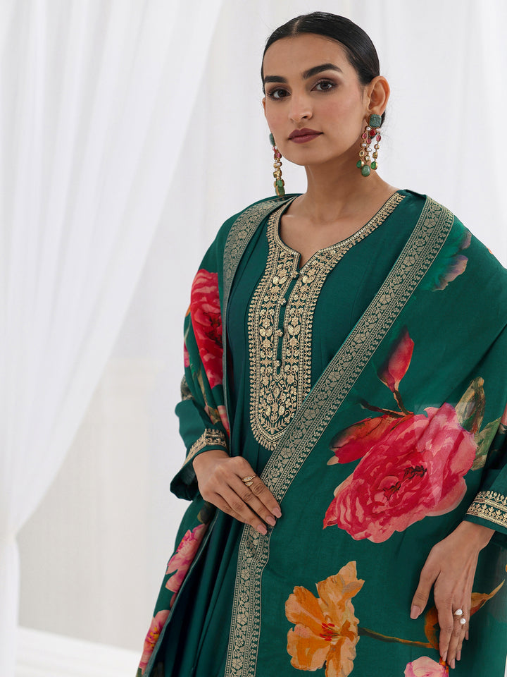 Teal Embroidered Silk Blend A-Line Suit Set With Dupatta