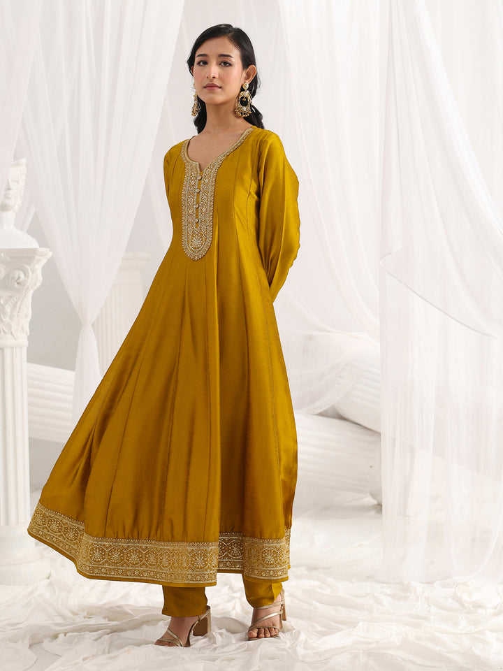 Mustard Embroidered Silk Blend A-Line Suit Set With Dupatta