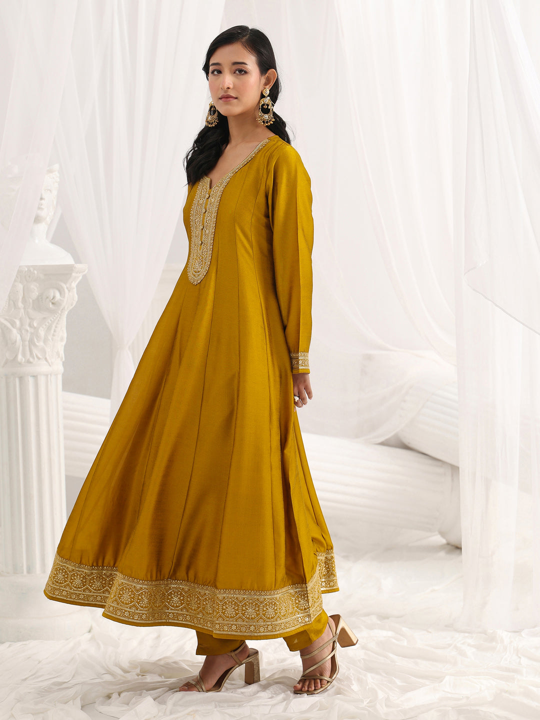 Mustard Embroidered Silk Blend A-Line Suit Set With Dupatta
