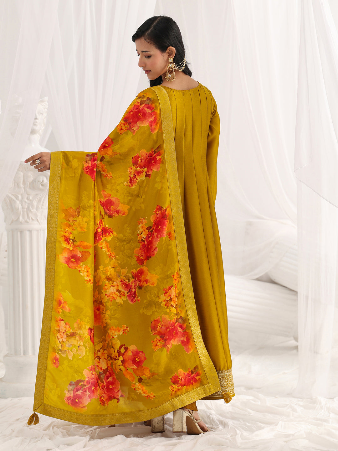 Mustard Embroidered Silk Blend A-Line Suit Set With Dupatta