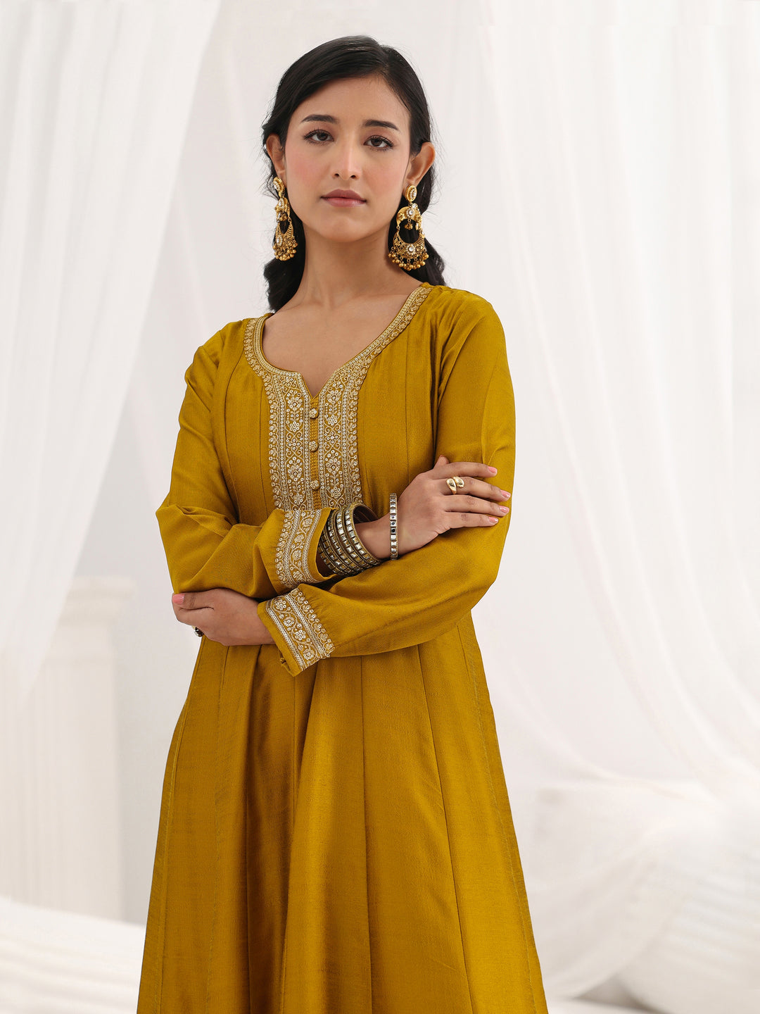Mustard Embroidered Silk Blend A-Line Suit Set With Dupatta