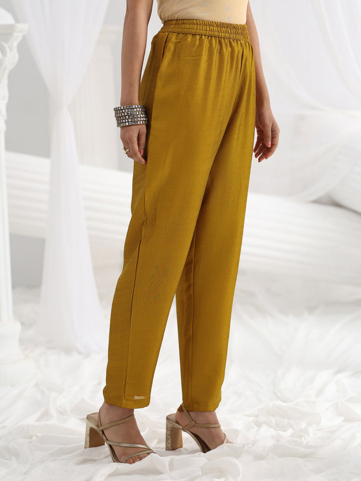 Mustard Embroidered Silk Blend A-Line Suit Set With Dupatta