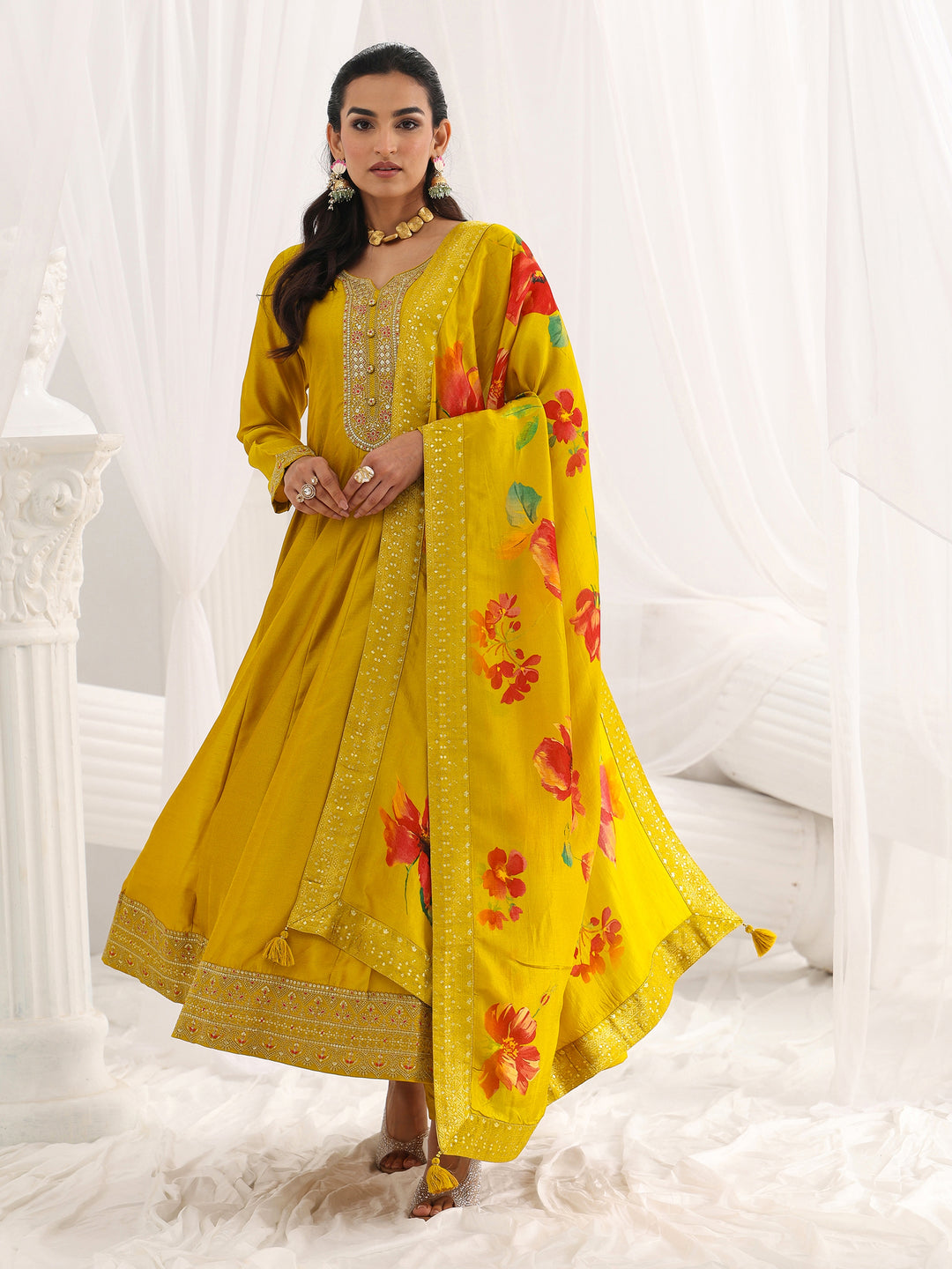 Mustard Embroidered Silk Blend A-Line Suit Set With Dupatta