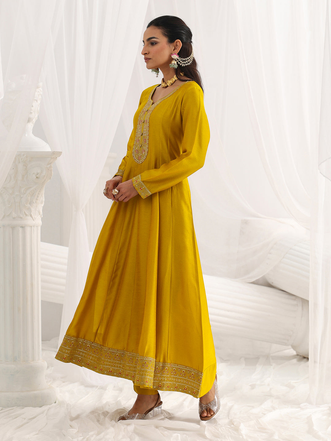 Mustard Embroidered Silk Blend A-Line Suit Set With Dupatta