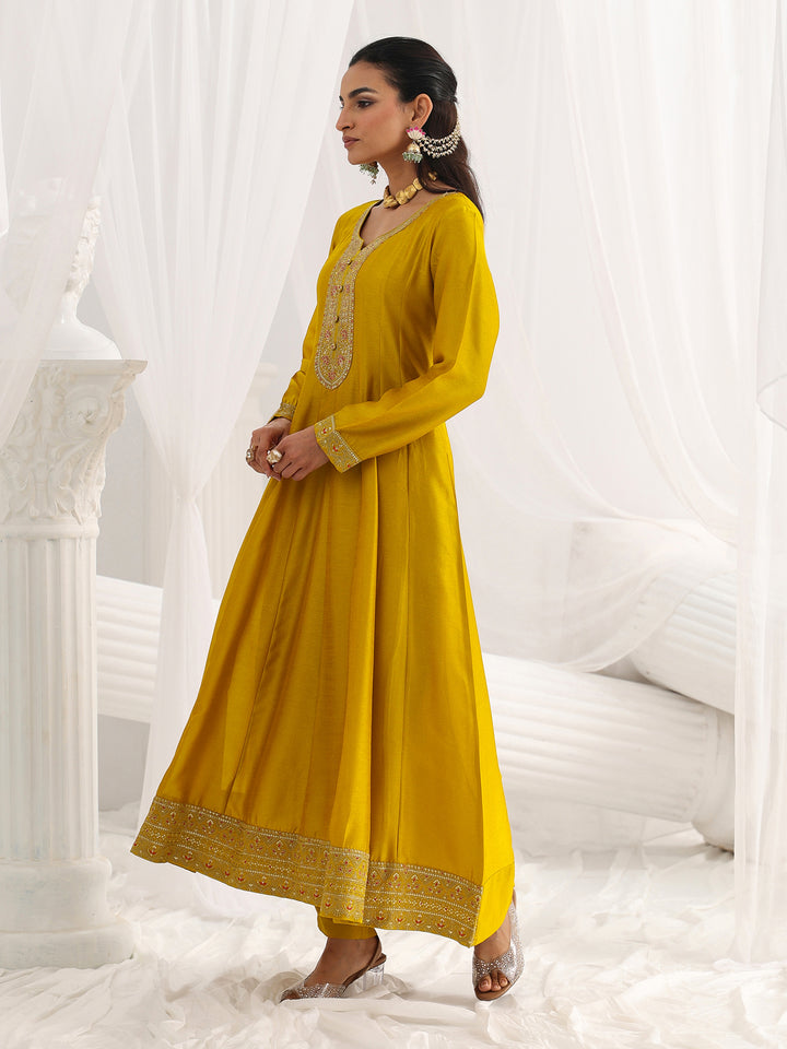 Mustard Embroidered Silk Blend A-Line Suit Set With Dupatta