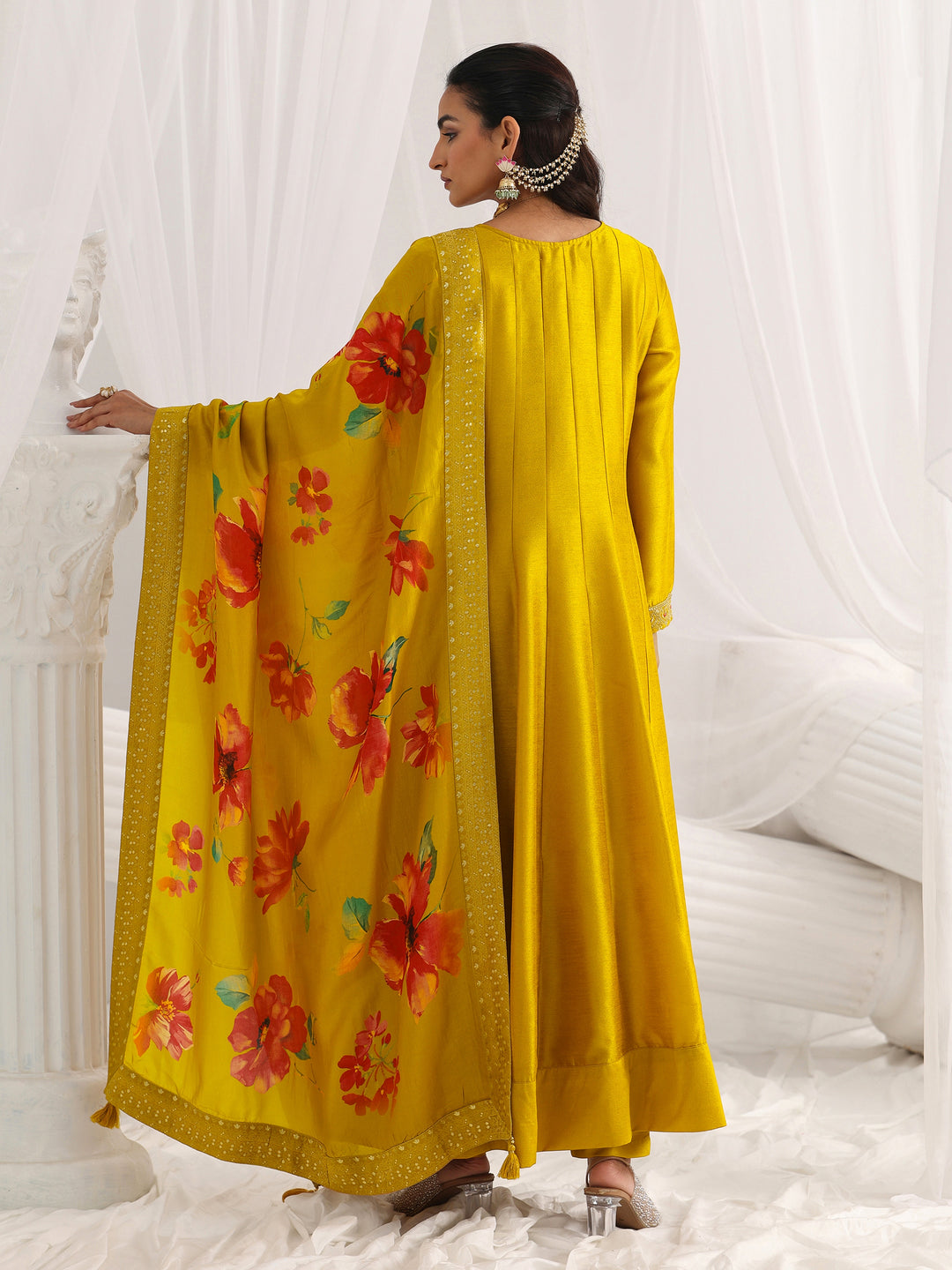 Mustard Embroidered Silk Blend A-Line Suit Set With Dupatta