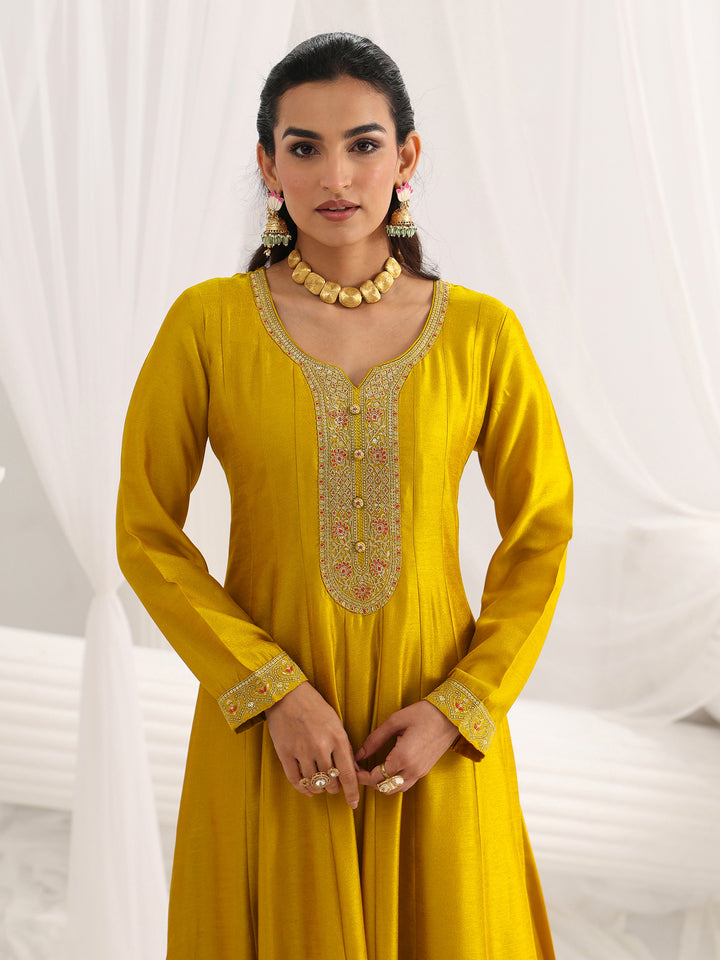 Mustard Embroidered Silk Blend A-Line Suit Set With Dupatta