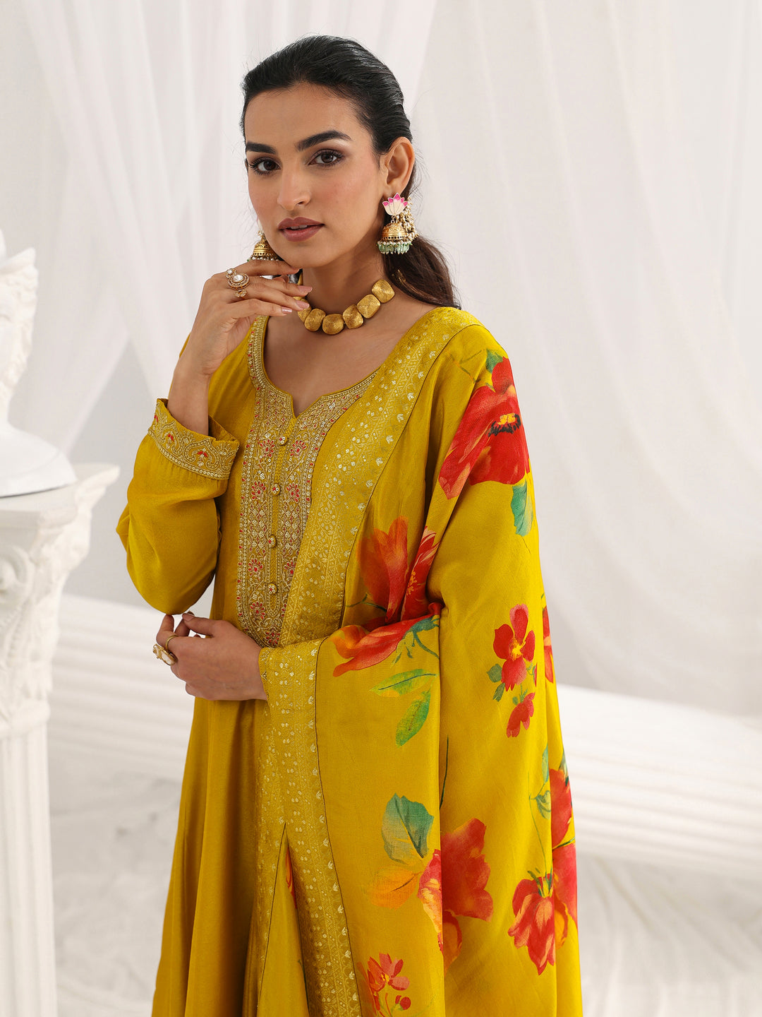 Mustard Embroidered Silk Blend A-Line Suit Set With Dupatta