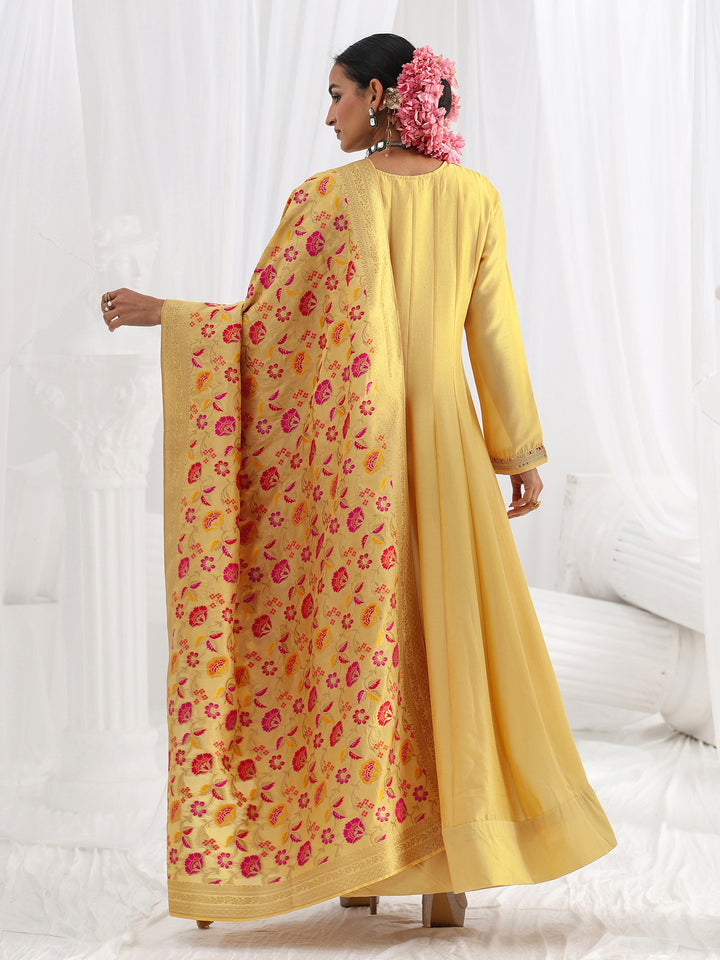 Yellow Embroidered Silk A-Line Gown With Dupatta