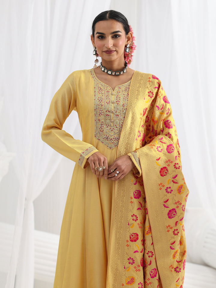 Yellow Embroidered Silk A-Line Gown With Dupatta