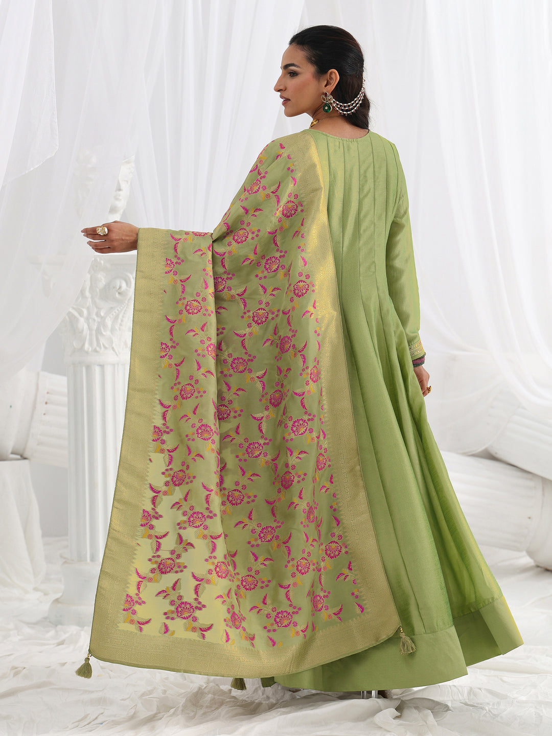 Green Embroidered Silk A-Line Gown With Dupatta