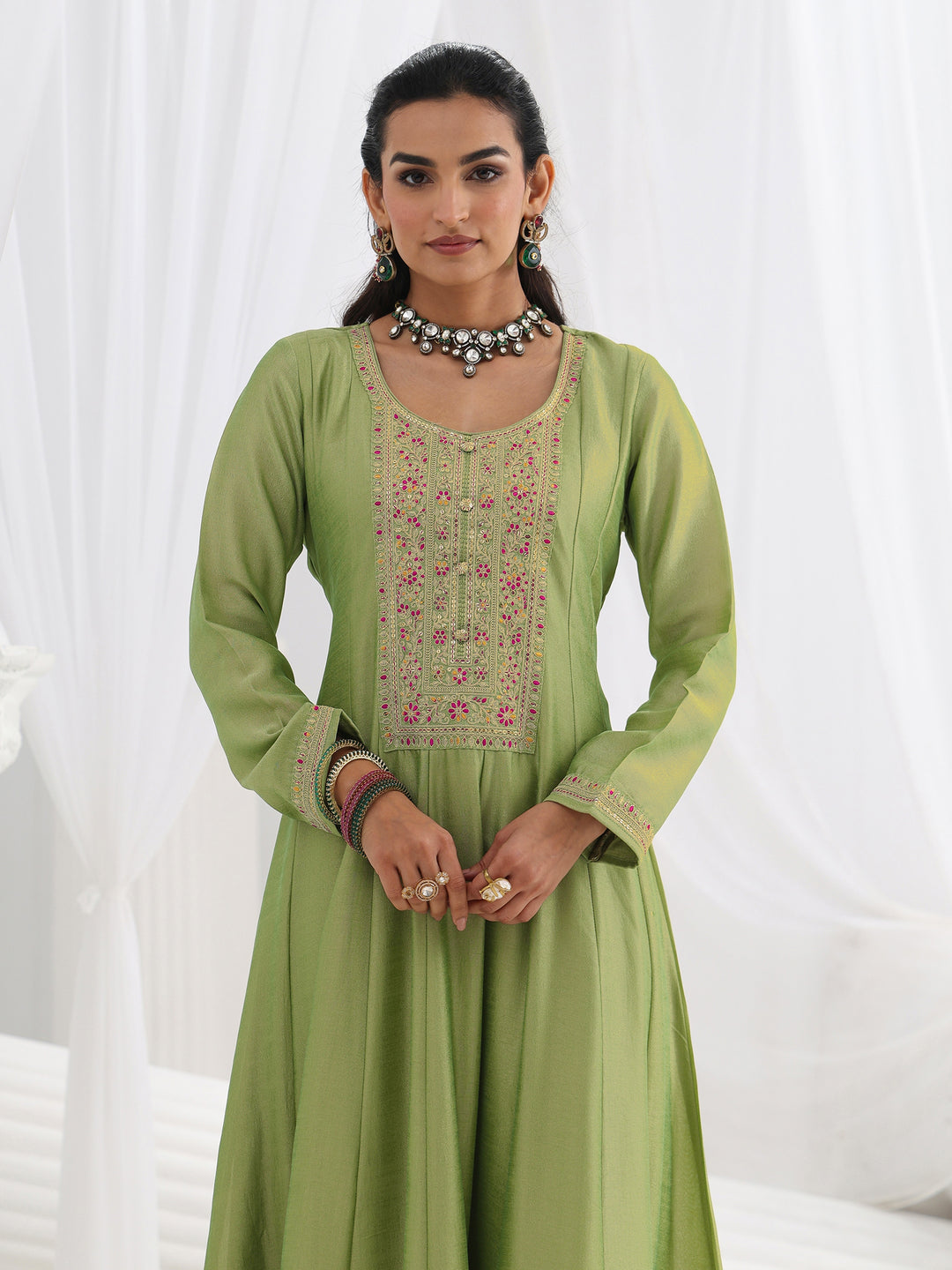 Green Embroidered Silk A-Line Gown With Dupatta