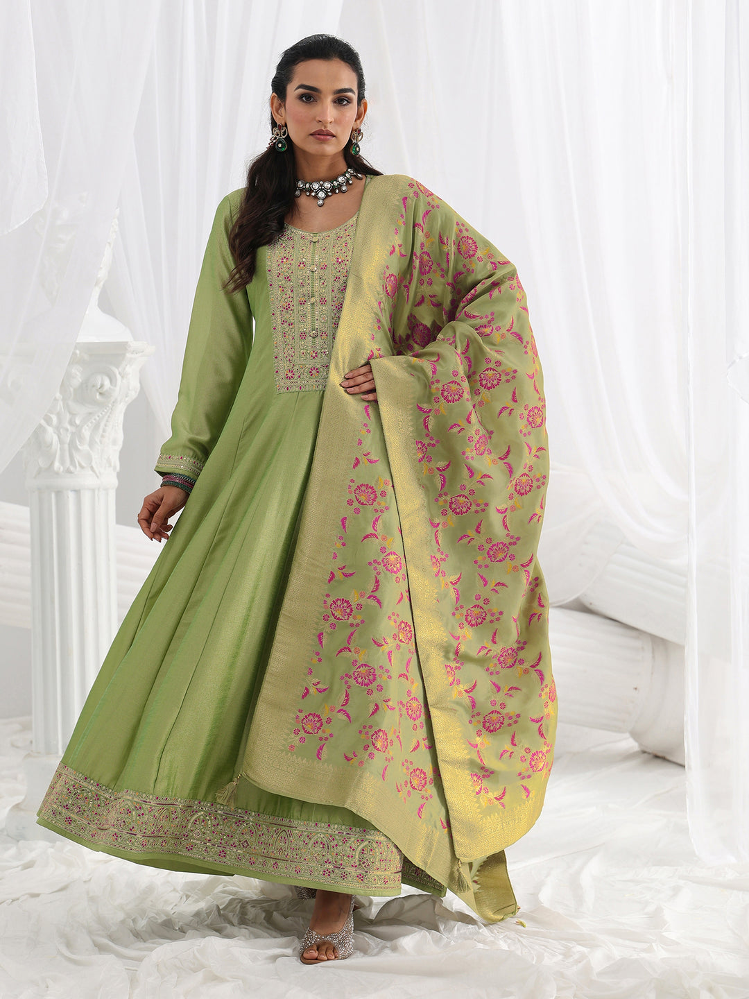 Green Embroidered Silk A-Line Gown With Dupatta