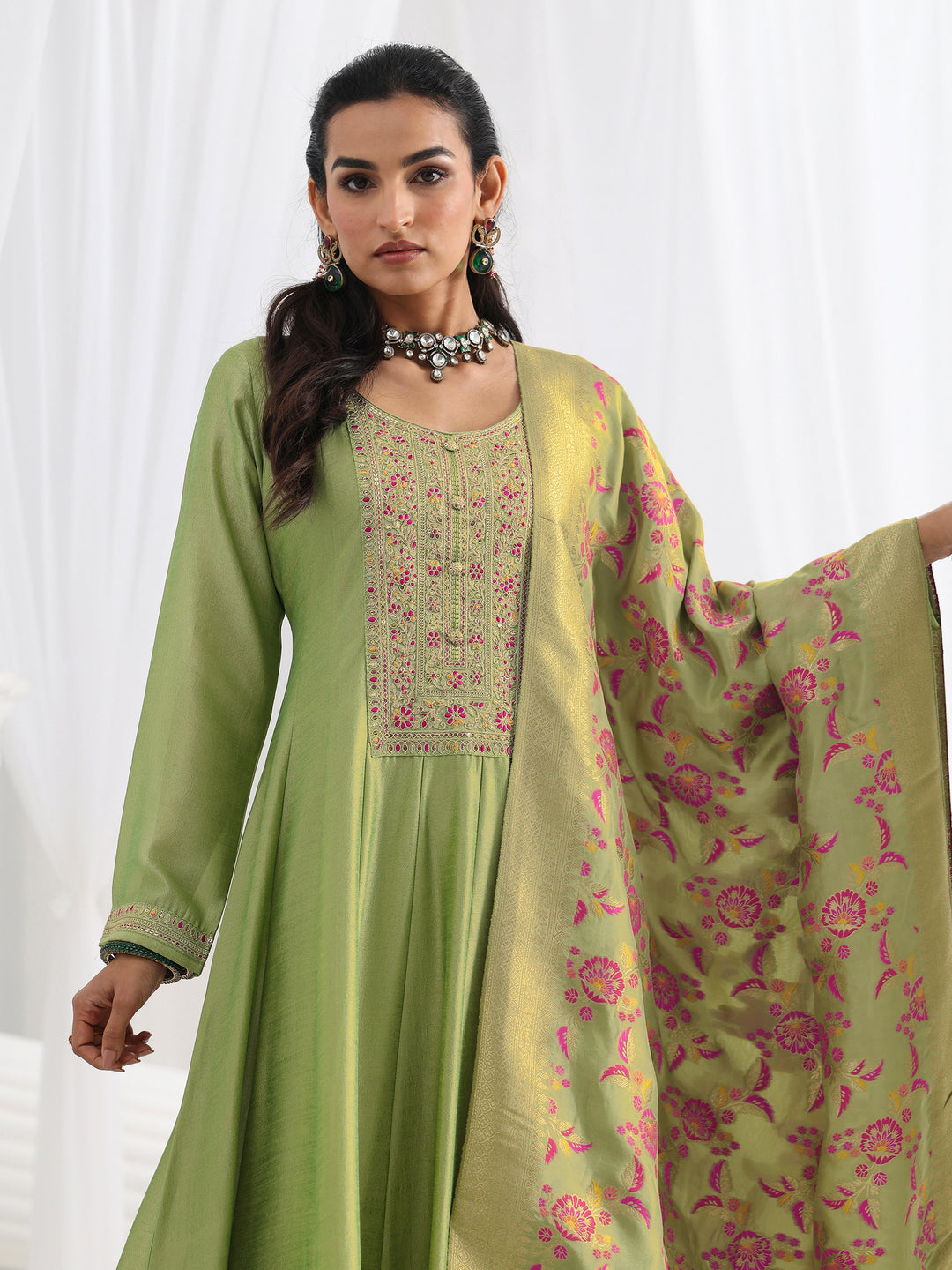 Green Embroidered Silk A-Line Gown With Dupatta