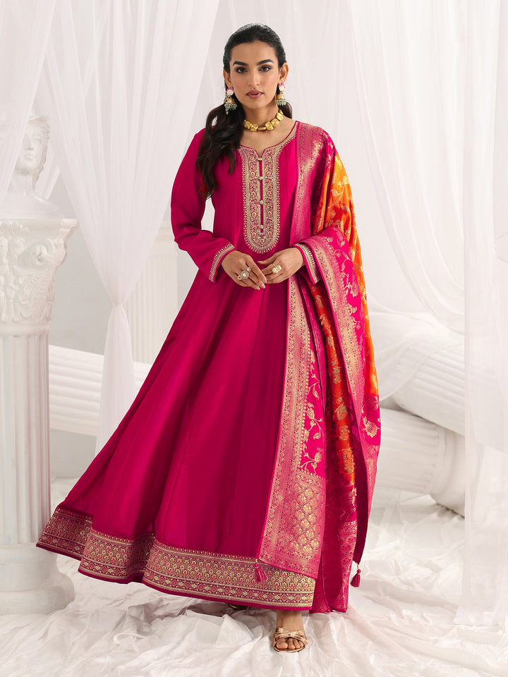 Pink Embroidered Silk A-Line Gown With Dupatta