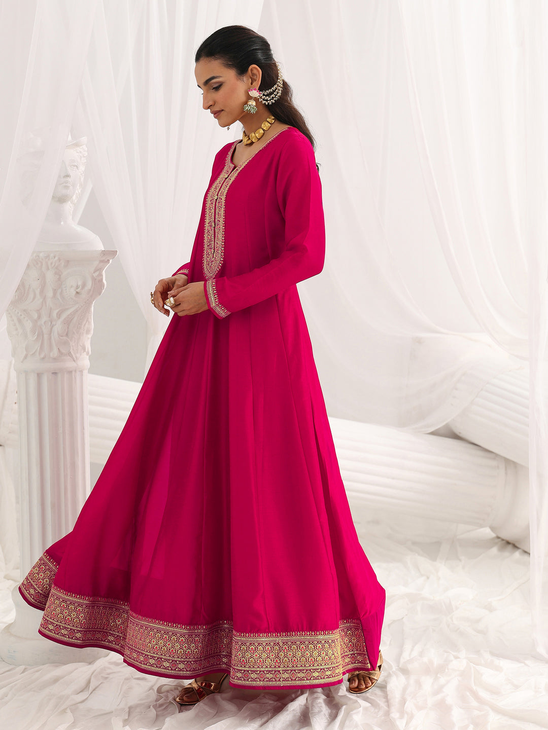 Pink Embroidered Silk A-Line Gown With Dupatta