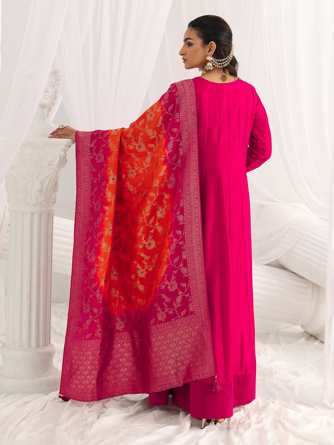 Pink Embroidered Silk A-Line Gown With Dupatta